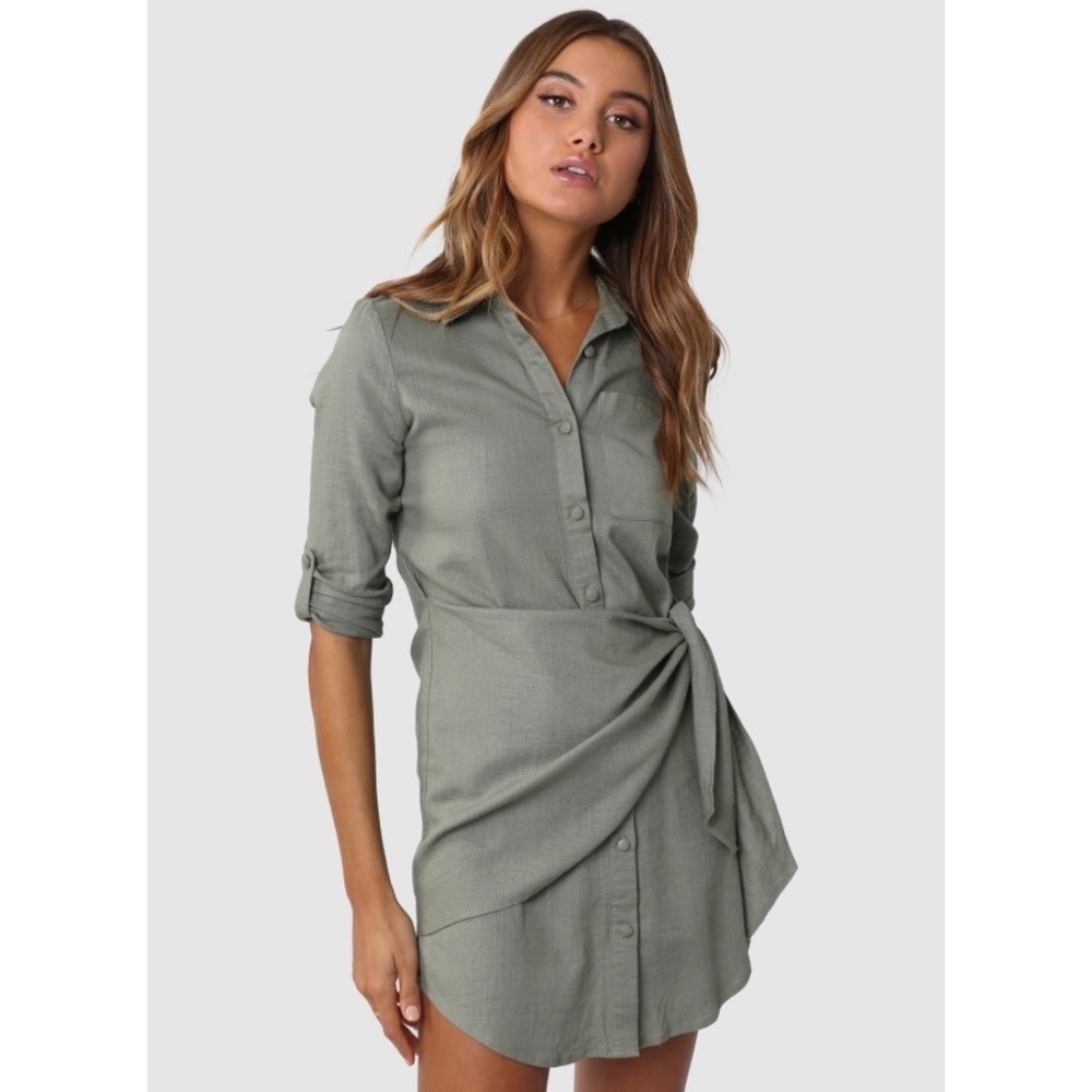 Lost in Lunar Shirt Dress Women S Sage Green Excellent Linen Blend Wrap Front - Picture 2 of 11